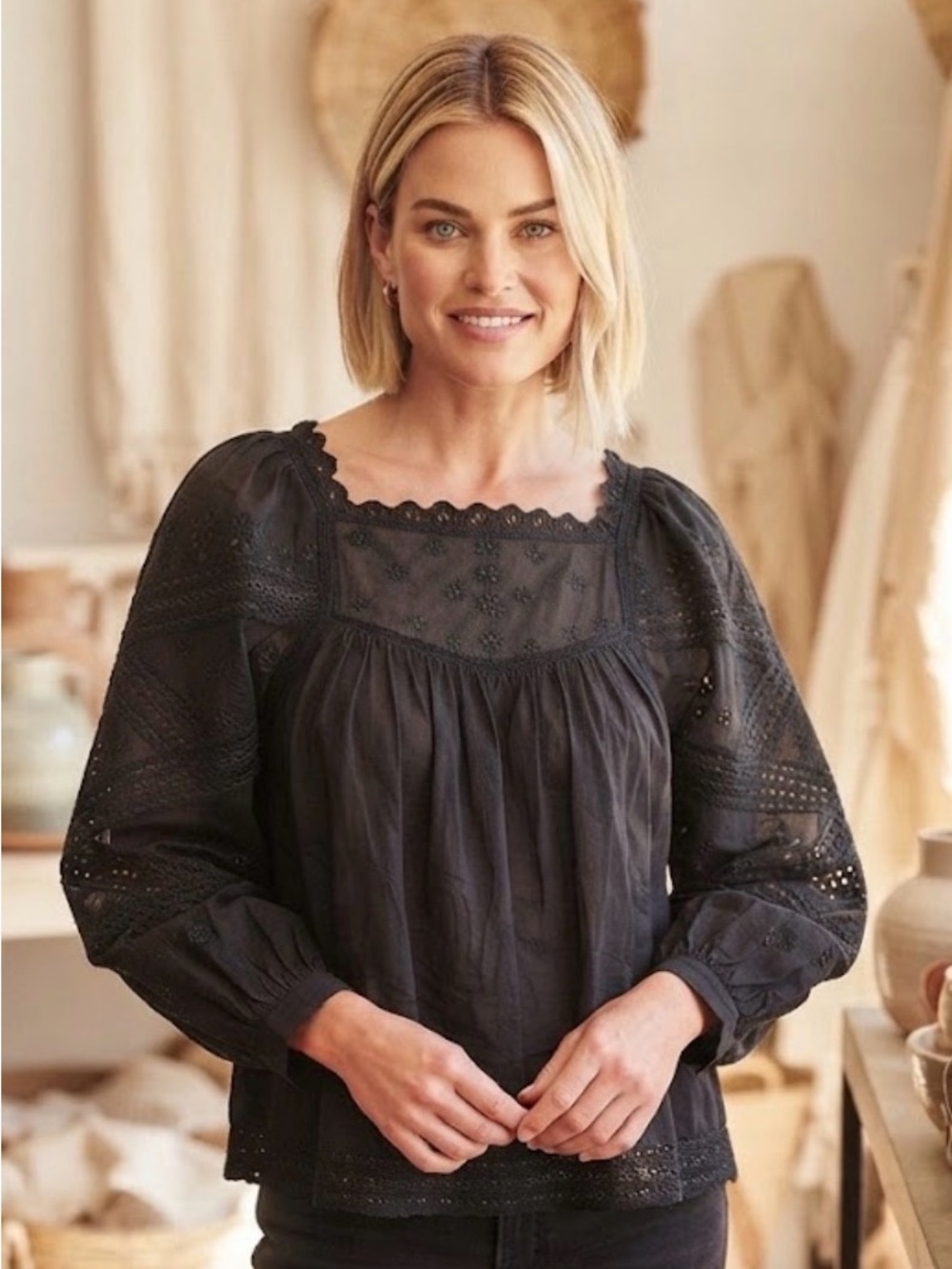 Anthropologie Black Lace-Trim Puff Sleeve Peasant Top